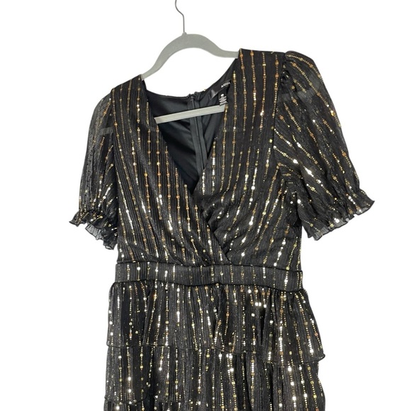 AQUA Black Metallic Stripe Tiered Ruffle Mini Dress Size M - Picture 3 of 10